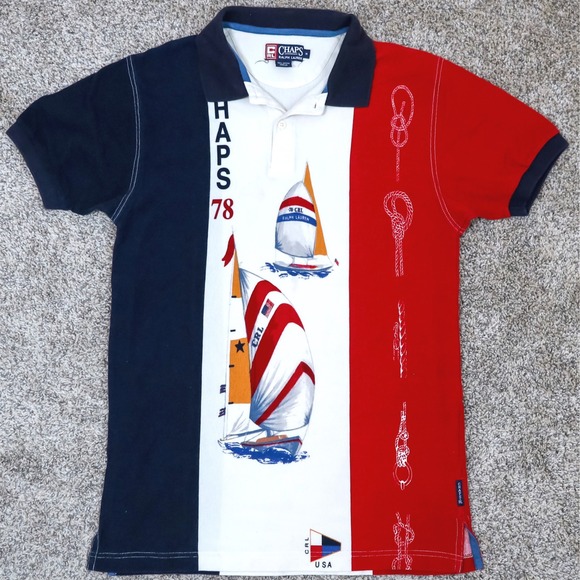 Vintage Chaps Ralph Lauren Nautical Sailboat Polo Shirt Men's M Red White Blue - Picture 1 of 16